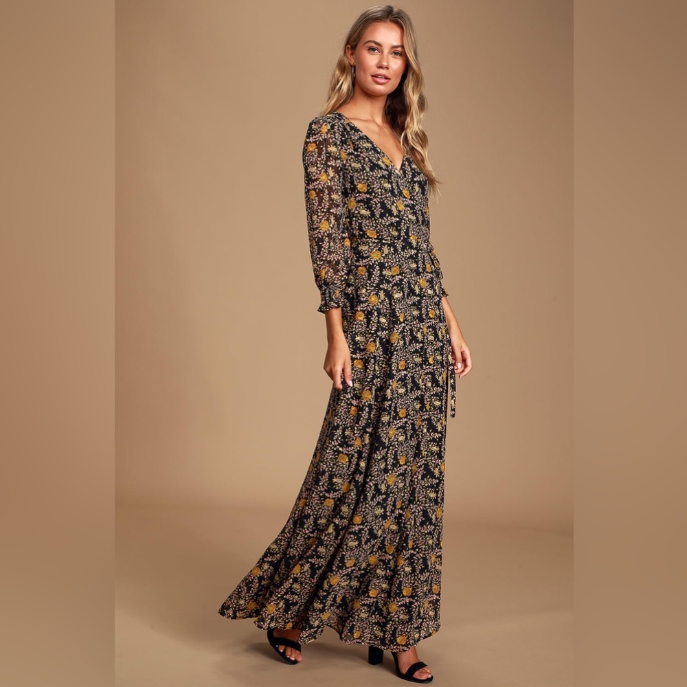 Lulu’s Meet Me There Black Multi Floral Print Wrap Maxi Dress